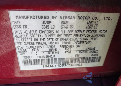 2003 Nissan Altima 2.5 S from USA, damaged, VIN 1N4AL11D53C163903